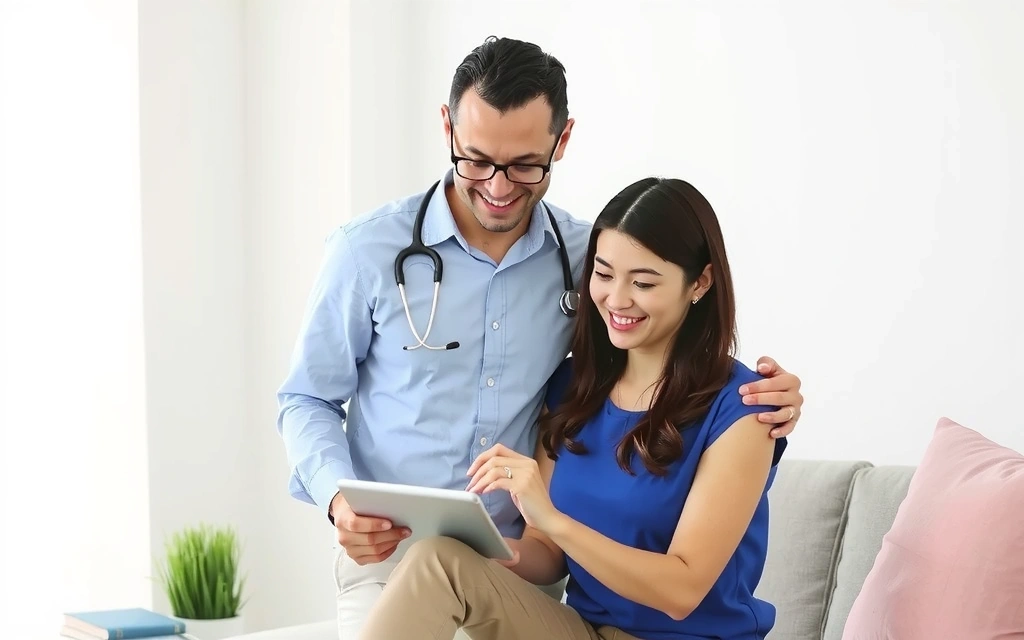 Nutricionista y cliente revisando gráficos de progreso en una tableta.